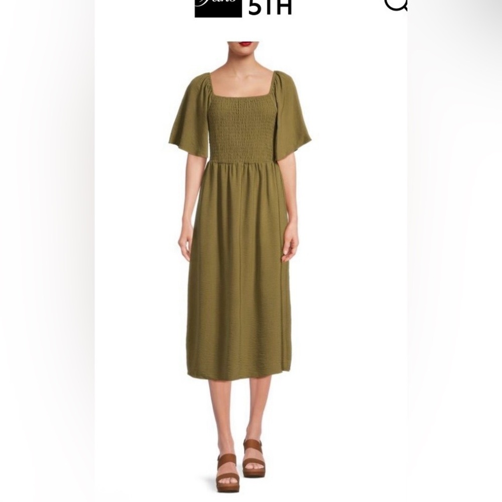 Olive Green Smocked Midi Dress